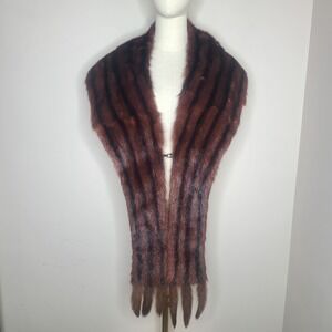 Vintage Genuine Mink Fur Stole Scarf Wrap Brown Striped Glamorous Old Hollywood
